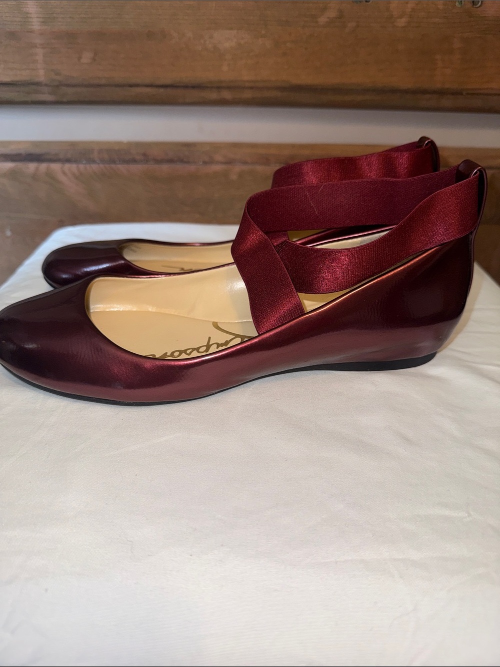 Jessica Simpson Metallic Burgundy Mary Jane Flats with Crisscross Elastic - Picture 2 of 5